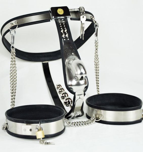 Männlich vollständig einstellbar T Edelstahlgürtel + Analstecker + abnehmbarer Katheter + Oberschenkelmanschette Männer SM Bondage -Geräte Setzen Sie Sex Toys5647404