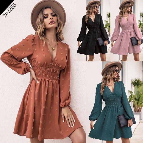 Vestidos casuais Office Lady Polka Dot Solid outono Inverno 2024 Lanterna longa Manga de lanterna V Vali-midi de canela em V para mulheres