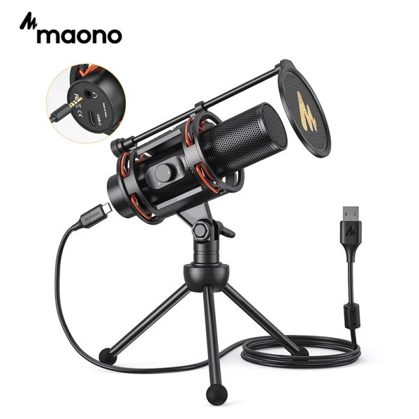 Микрофоны микрофоны USB компьютерный микрофон Maono Condenser Mic с мониторинг с ноль -задержкой для усиления для потоковой передачи подкаста YouTube