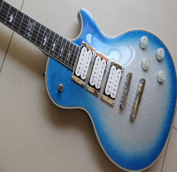 NEU ACE FREHLEY Signature 3 Pickups E -Gitarrenblitz Metallic Silver Blue Mirror Covers 131204 1207152274536