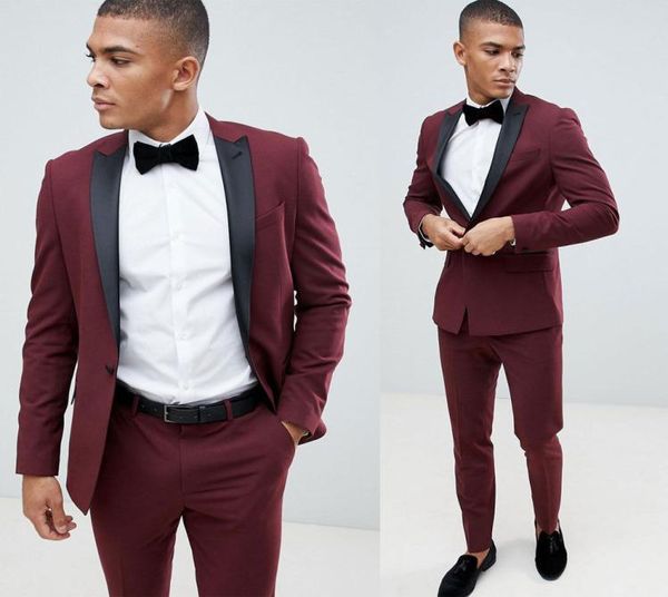 Vinho Red Mens Suits Wedding Groom Slim Fit Smooth Smoking Tuxedos Tuxedos Smoks