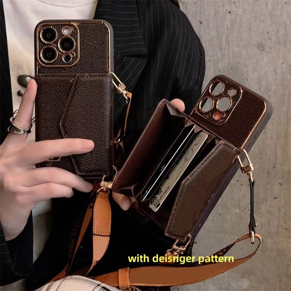 Fashion Designer Card Pocket Telefono Case per iPhone 15 15Pro 14 14Pro 13 13Pro 12 Pro Max 11 Wallet Leather Protezione Telefono di lusso Custodia con cordino