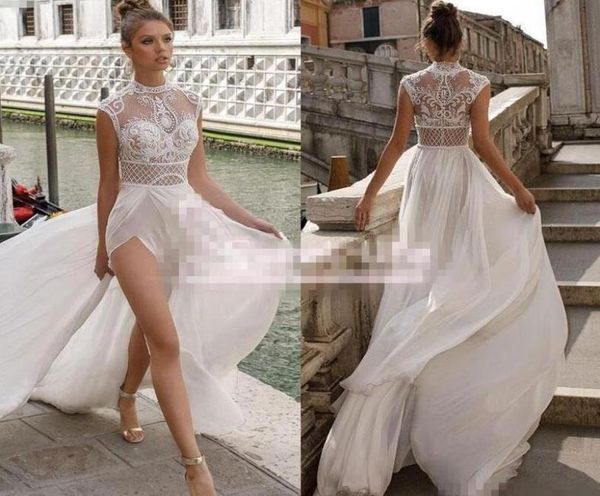 Julie Vino High Slits Vestidos de noiva Bohemia Sexy Lace Aplique uma linha de lateral Praia Late Split Custom Made Bridal Gowns5003520
