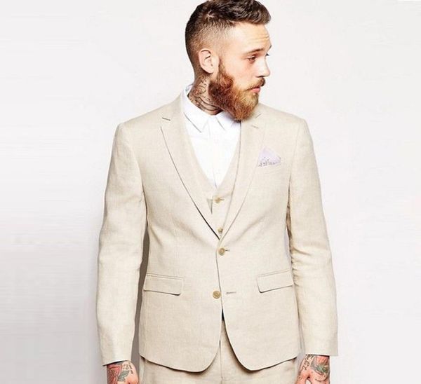 2019 Beige Linen Men Suits Ternos de casamento Blazer Brideroom Groomsman Groom Wear Wear Custom Feed Slim Fit formal 3Pieces Man Tuxed7320422