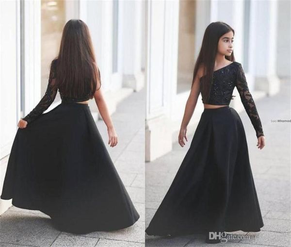 Duas peças vestidos de concurso para adolescentes um ombro de mangas compridas comprimento do piso disse Mhamad Flower Girl Dresses Cara barato para Kids para5230873