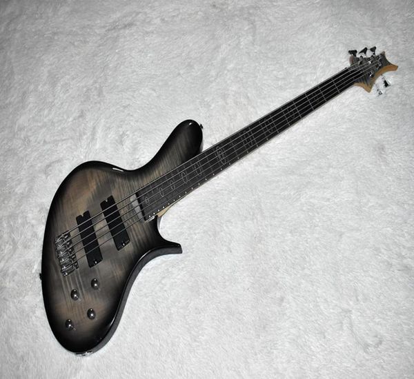 Фабрика высококачественная необычная форма серая 5 -струнные электрические бас -гитара с пламенем кленавопонерхрома Hardwarecan будет настроен1191476
