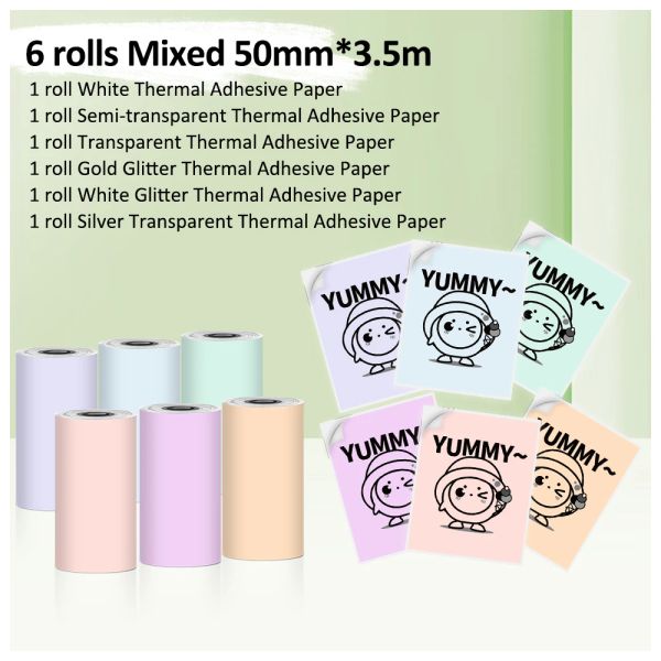 Papel 6 rolos/caixa phomemo color pura papel térmico 50mmx3.5m Adesivo de etiqueta térmica papel para phomemo m02 m03 impressora