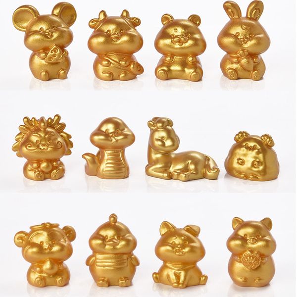 Gold doze signos chineses zodíaco bonecas mini estatuetas 3d miniaturas fadas decoração de jardim de fadas micro paisagem ornamento de carro pequeno diy