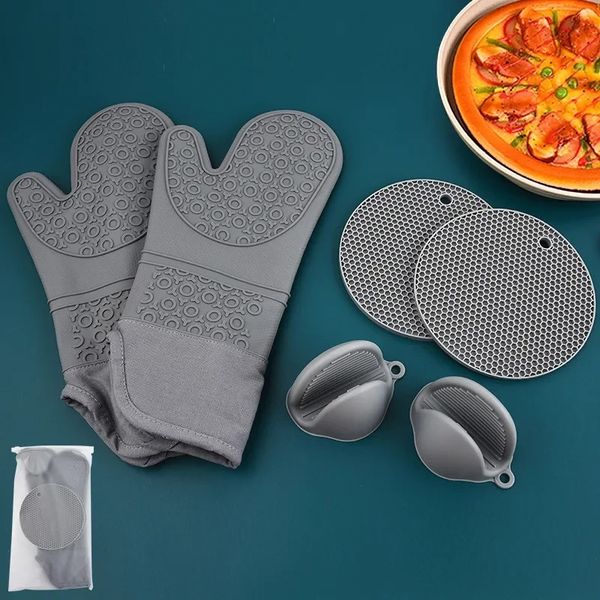 6 pezzi Impostare i guanti da forno a caldo cottura guanti anti-hot resistenti al forno a forno a microonde in silicone tappetino utensili da cucina