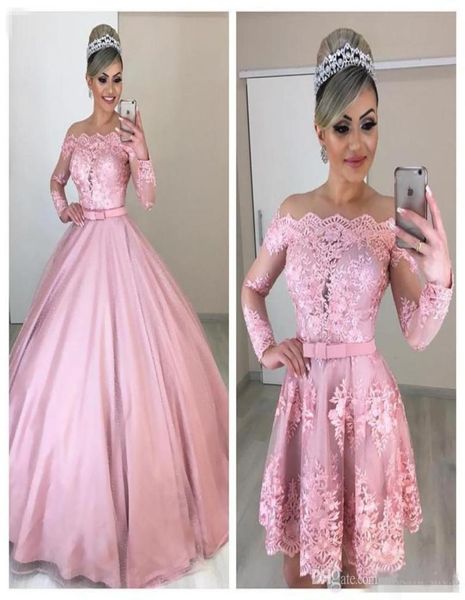 Quinceanera elbiseler allık pembe kabarık tatlı 16 balo elbiseleri çıkarılabilir etekler ile illüzyon dantel uzun kollu formal 5265241