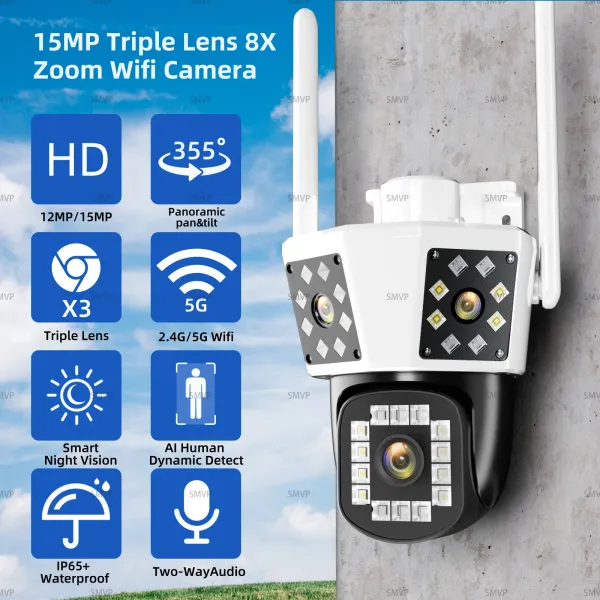 Камеры 15 -мегапиксельная камера Wi -Fi Outdoor 6K Supilance Security Camera 8x Оптическое зум Auto Tracking Ptz 3 Lens 3 Экраны IP CCTV Водонепроницаемый