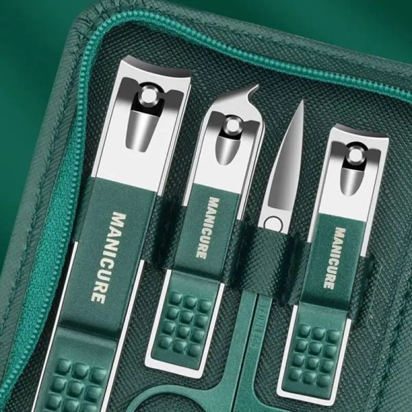 KITS GREEN 9 PCs Set di manicure con custodia in pelle Piede professionale e attrezzi per la cura del viso kit per unghie in acciaio inossidabile set di clipper