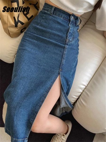 Seoulish Womens Midi Saias de jeans da primavera Samão Split Split High Jeans Salia Leteira A-Line Skirt 240326