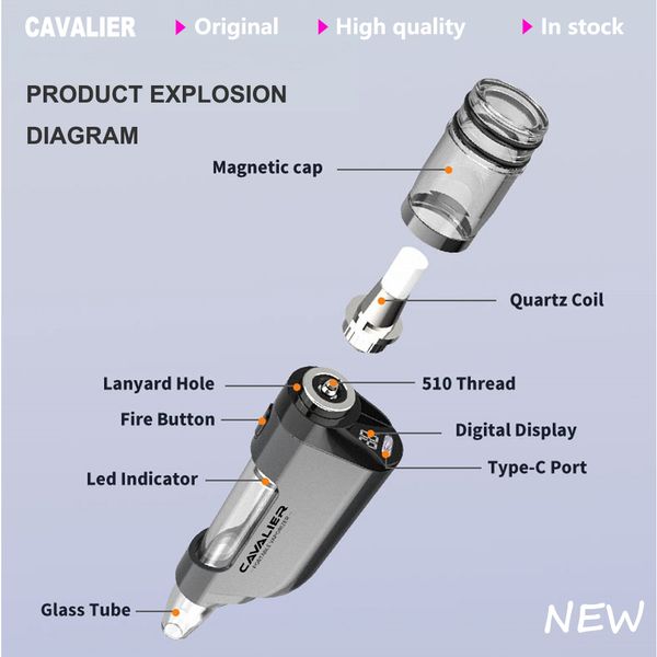 Cavalier Pro Plus Wachs Vaporizer Glas NC Rauchpfeife Quarz -Spulen -OLED -Anzeige 510 Gewinde Kit für elektrische DAB Rig Bong 650mAh Batterie wiederaufladbares Wachs -Dampf -Dampf Stift
