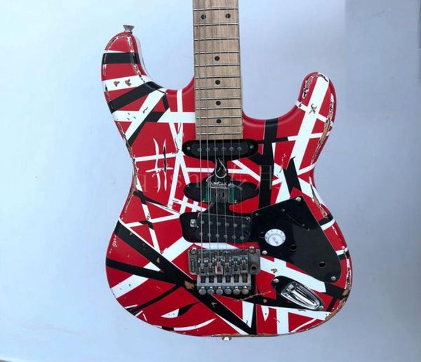 E -Gitarre Edward Eddie Van Halen Schwarzer weißer Streifen Red Heavy Relic Maple Neck Floyd Rose Tremolo Verriegelung Nuss5878392