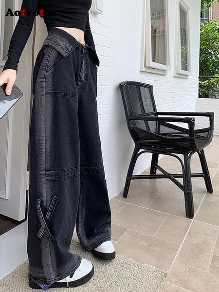 Kadınlar kot pantolon aotvotee yüksek belli kadın mantar moda patchwork siyah düz gevşek gündelik kot pantolon bahar sonbahar 2024
