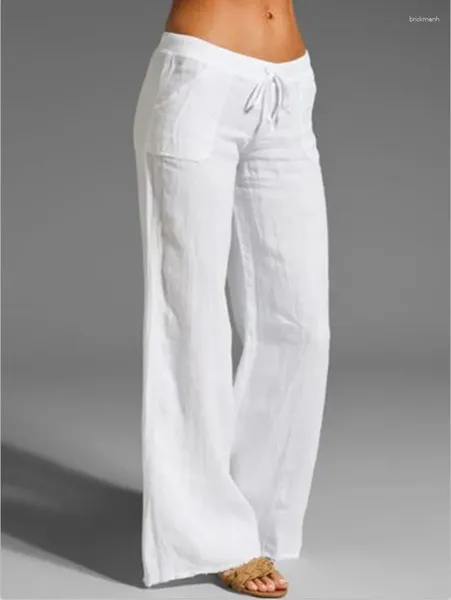 Calças ativas de verão de superdimensionar mulheres largas femininas de linho de algodão vintage páliazdo moda calça longa cintura elástica casual sólida pantalon 5xl