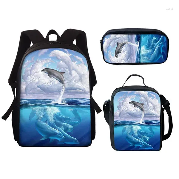 Backpack Cartoon Novelty Cool subaquático World Whale 3D Impressão 3pcs/set pupil School School Laptop Daypack Lunchag Sags Case de lápis