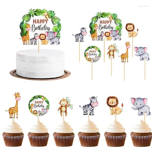 FESTIMENTOS DE FESTO Jungle Safari Animal Theme Cupcake Toppers Toppers de sobremesa Bolo de alimentos Picks para chá de bebê 1º aniversário Decoração de casamento