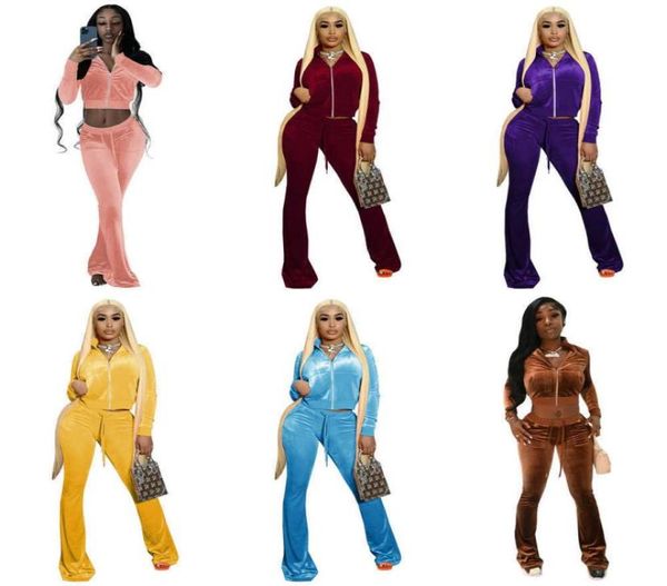 Velor Tracksuits Designerinnen Frauen 2 -Stück -Sets Sportswear Velvet Langarm Sweatshirt Jacken Flared Hosen Outfits Plus Size9891763