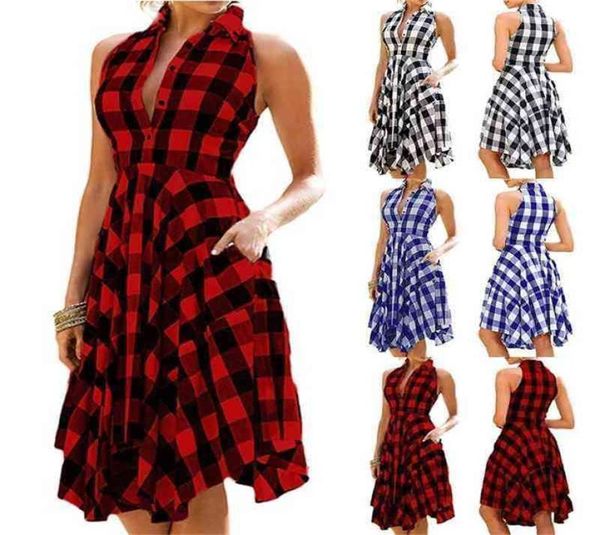 Vintage Summer Plaid Kleid Retro Swing Rock Frauen Damen Pendeln Anlagen hoher Taille Ärmel und Baumwolle rotes Hals Hemd Hemd Kleid 7437083