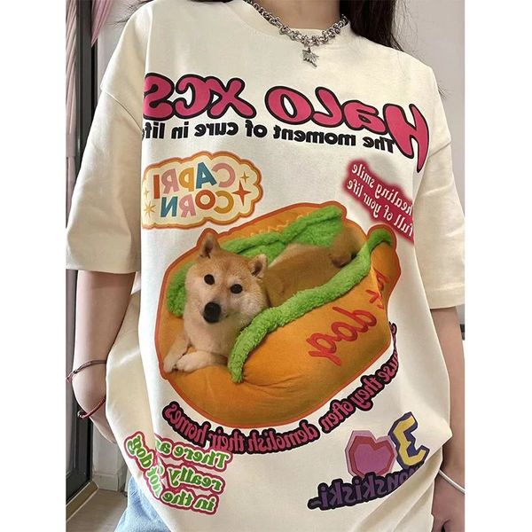 Albicoch American Vintage Creative Animal Dog Cartoon T Shirts Hip Hop Street Overszed Tops Y2K Tops Cotton Speose Summer Tee 240323