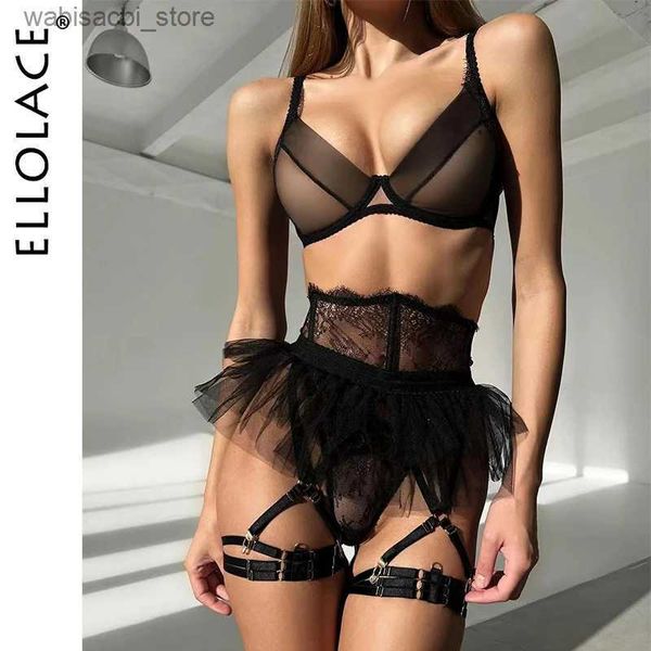 Conjunto sexy Ellolace delicada lingerie de lingerie transparente Garter breve conjunto de 4 peças Tule sensual tule