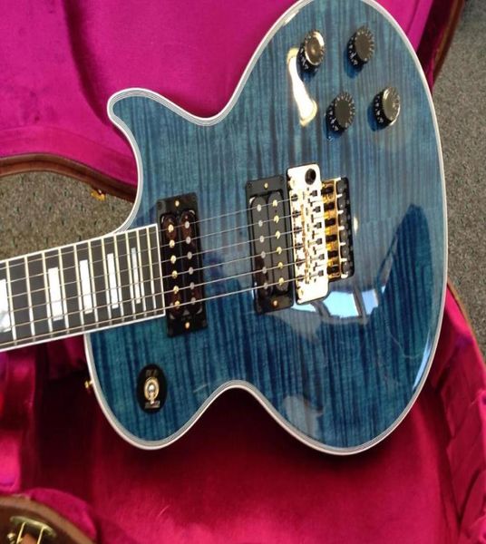 Alex Lifeson Peacock Blue Flame Maple Top E -Gitarre Floyd Rose Tremolo Geschnitztes Axcess -Halsgelenk Ausschnitte Verriegelungsmutter Gold 5200516
