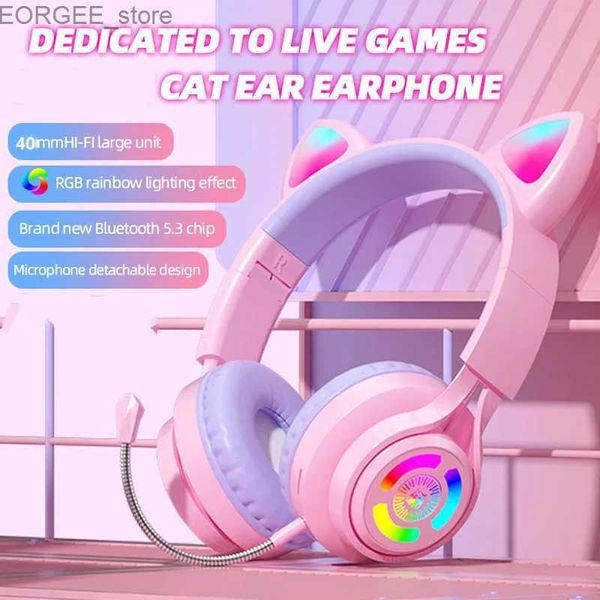 Aurberi per cellulare Flash Luce Cuffie per le orecchie del gatto carine wireless con microfono può chiudere la musica stereo per bambini a led music cuffia bluetooth bluetooth gamer Y240407