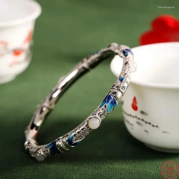 Pulseira de pulseiras de prata esterlina para mulheres moda jade hollow filigree cloisonne padrão de bambu