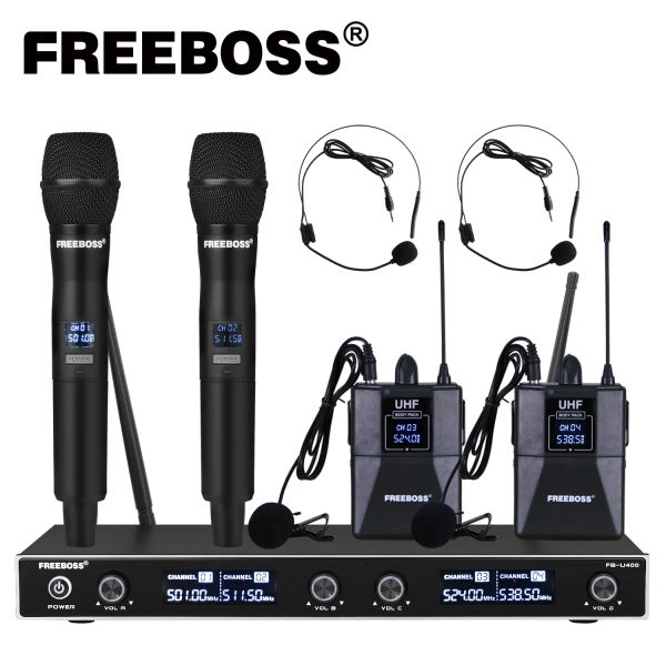 Microfones freeboss fbu400h2 4 canais UHF Sistema de microfone sem fio com 2 bodypack e 2 microfone portátil do partido da família da igreja