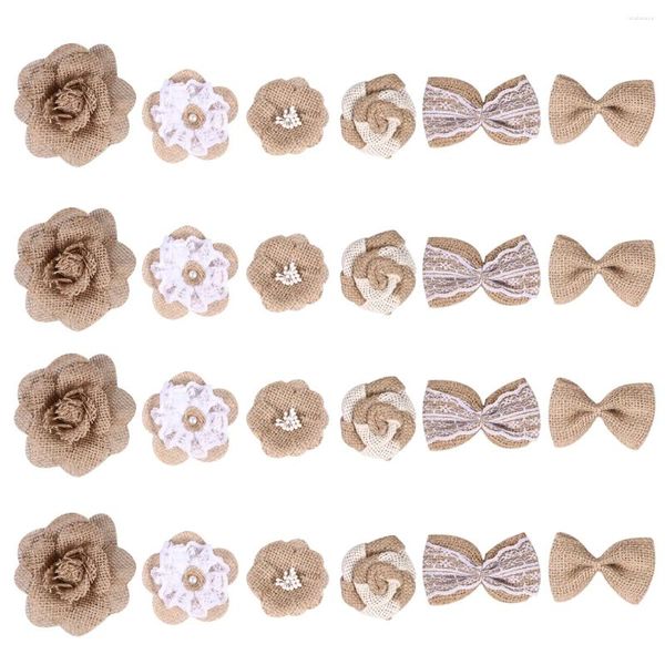 Fiori decorativi 24pcs Burla naturale Mini Linen Linen Bowknot nastro in pizzo Ornamento di abbellimento di fiori per decorazioni natalizie