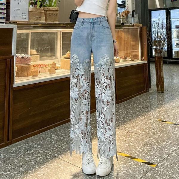 Design Sense Lace Patchwork Niche Jeans para Women 2023 Summer New Straight Slimming Retro Style Casual Pants Casual