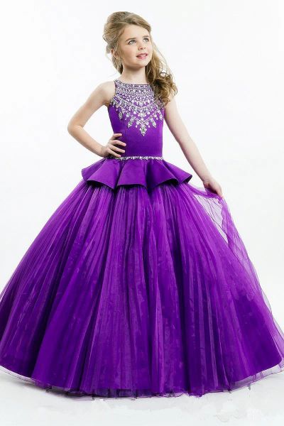 Abiti abiti da concorso di viola da ragazza a valo equipaggio Cristalli di perline Crystals Crystals Waist Abito da ballo Principessa Kid's Formal Abites per Little Gir