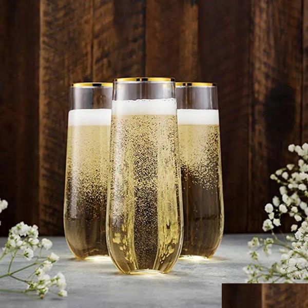Andere Getränkewaren -Plastik -Champagnerflöten 9 Unzen stammlosen Einweggold -Rand -Toastgläser Kristall klarer Cocktailbecher zerschmettert i DHMgt