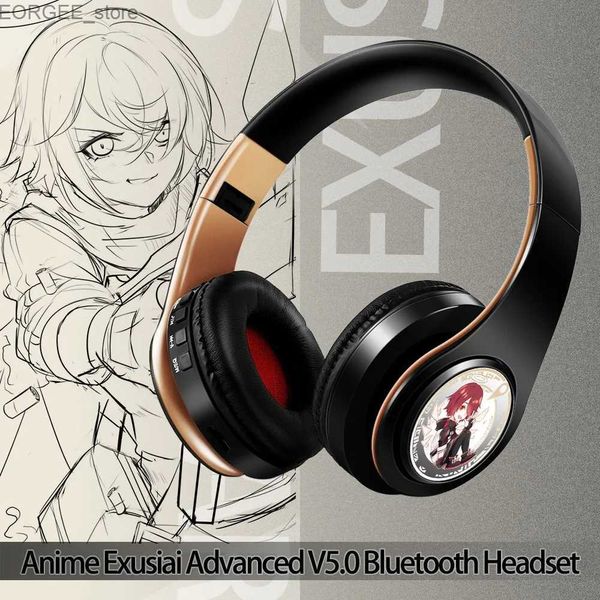 Handy -Ohrhörer Neue modische coole Anime Arknights Exusiaie Wireless Gold Bluetooth Headset Head Mounted Plug in Card Mobiltelefon Kopfhörer Y240407