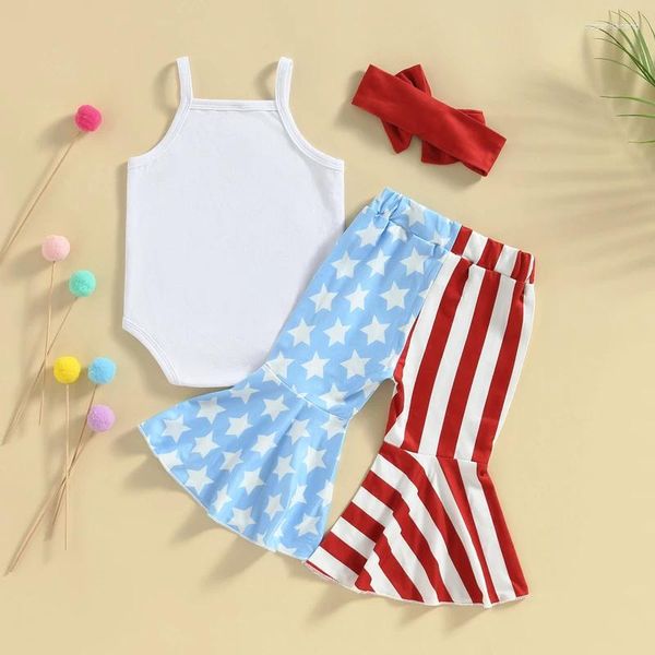 Set di abbigliamento nato l'indipendenza da bambina patriottica vestiti per bambina senza maniche stelle a strisce per pantaloni svasati con fascia