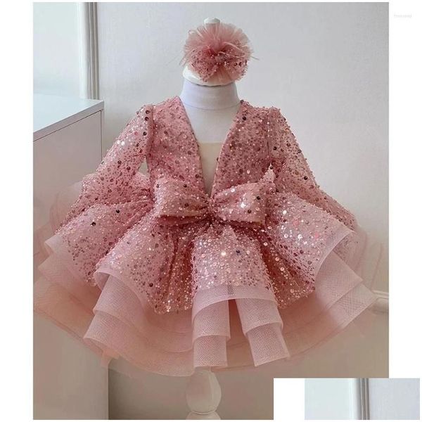 Mädchen Kleider Mädchen glänzender Pailletten Mini Fashion V-Ausschnitt Langarmes Falten mit kurzen Ballkleidern Casual Party Festzug Kinder Drop Delive otoum