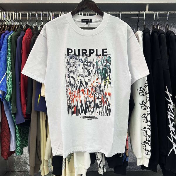 Designer Purple Brand Shirts T Camisetas Européia e Americana High Street Trendy Purple Colorido Impresso Pure Cotton Casual Street Camiseta de manga curta para homens e mulheres