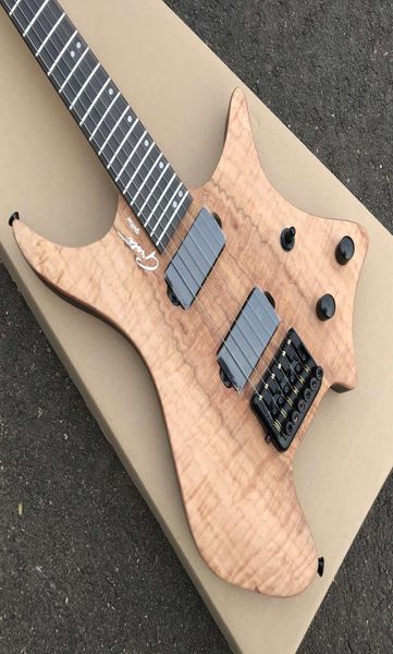 Sistema operativo personalizzato 6 String Koa Flame Natural Maple Top Guitarle senza testa Elettrico KD Brevetto Tremolo TailPice Black Hardware6054291