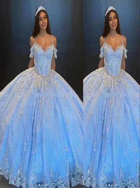 2021 sexy hellblaue Quinceanera Kleider Spaghetti -Träger