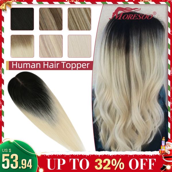 Toppers Moresoo Hair Toppers 100% clipe de cabelo humano real em peças de cabelo para mulheres Máquina lisa natural Remy Hair Mono e Pu Top