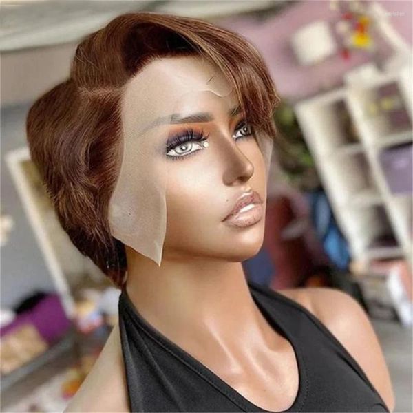 4# marrom pixie reta cortado peruca transparente renda frontal Human Human Wigs Short Bob pré -explodido brasileiro para mulheres