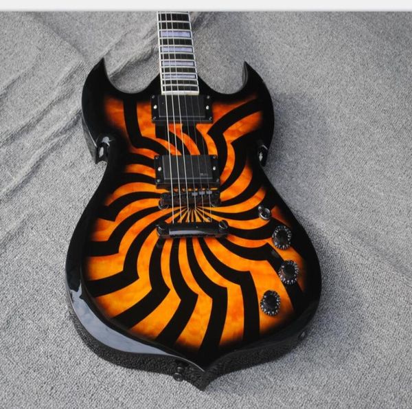 Двойной вырез Wylde Audio Barbarian Hellfire Orange Black Buzzsaw стеганая кленовая топ SG Электрическая гитара Большой блок Inlay Black H5614183