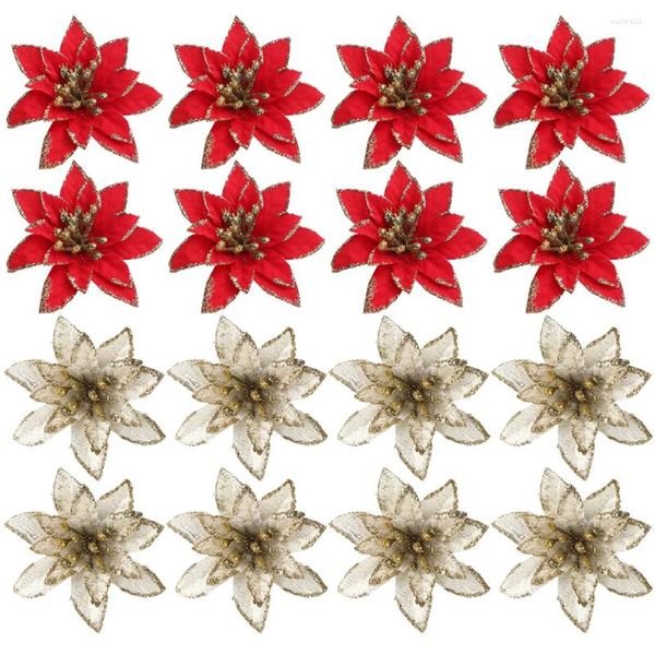 Flores decorativas 24 PCs de Natal Adornamento Artificial Garland Decor de seda Acessórios de plástico Glitter