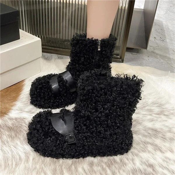 Botas Flashion Winter Snow Feminino Snow Mid Bonto Velvet Fur Isolamento quente Algodão almofada de algodão bege preto