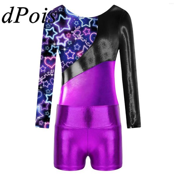 Bühnenbekleidung Kinder Metallic Ballet Dance Outfits Kinder Mädchen Leoparden gedruckte Gymnastik Leotard Shorts Langarm Yoga Skatesoppsuit