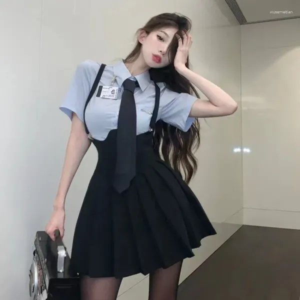 Kleidungssets College -Stil Blau JK Uniform Girl Kurzarm Hemd Falten Rock Set Summer Slip Dress School Cos Kostümoutfits