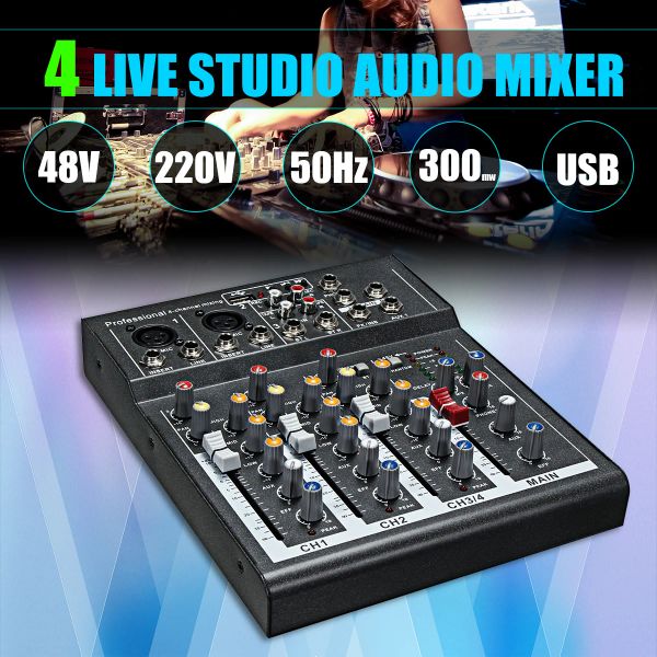 Jogador Karaoke Mixer Professional 4 Channel Studio Audio DJ Mixing Console do amplificador Digital Mini Microfone Som Mixer de som Card