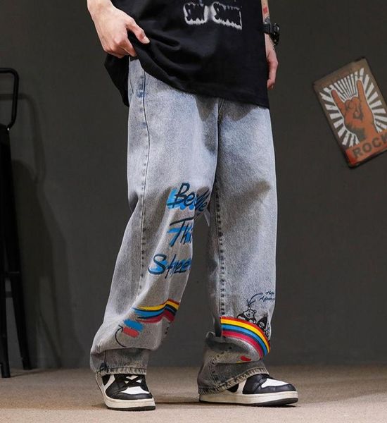 Männer Hosen Regenbogen Jeans Männer lustige blaue Mode Retro Baggy Harajuku Sommer High Street Casual Hip Hop Pant Streetwear Männchen